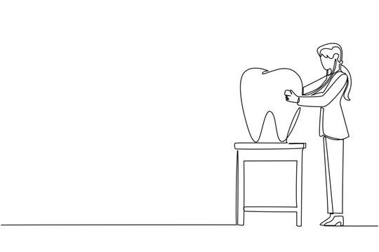 A one line drawing of a female dentist examining a large tooth on a table with a stethoscope, representing dental care dedication for National I Love My Dentist Day in a health concept.