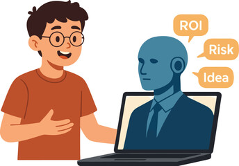 Teen in entrepreneurship class pitching to an AI investor avatar on a laptop screen illustration