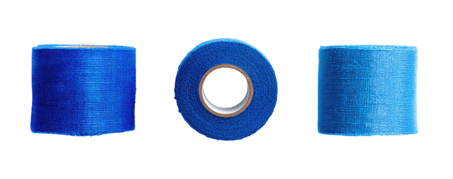 Three sections of vibrant, deep-blue tape,  with a pixelated appearance, displayed against a black background.  The shapes are square and circular