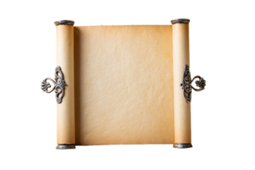 Antique blank parchment scroll with ornate golden holders isolated on transparent background
