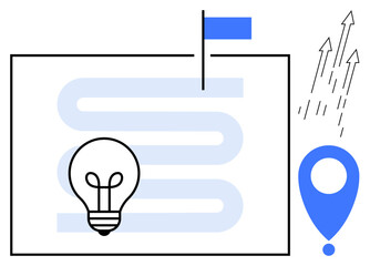 Light bulb, winding path with flag, location marker, and upward arrows. Ideal for creativity, innovation, strategy, goal setting progress tracking growth motivation. Simple flat metaphor