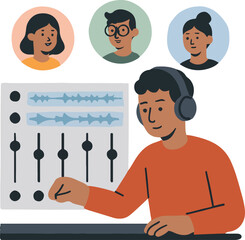 Music class student pulling a virtual fader on a shared mixing table in a collaborative DAW UI illustration