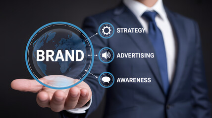 Global brand strategy advertising awareness concept presented by businessman