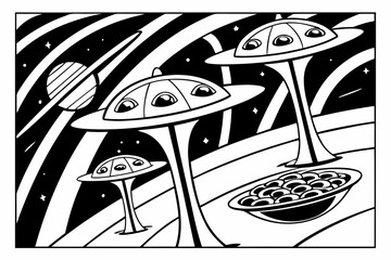Whimsical Alien Spaceships and Planets in Outer Space.