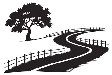 Winding Country Road with Tree and Fence Silhouette.
