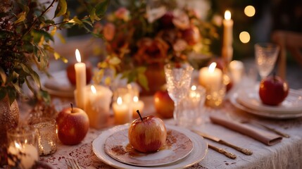 Elegant autumn dinner setting with candles, apples, and floral arrangement in cozy evening ambiance