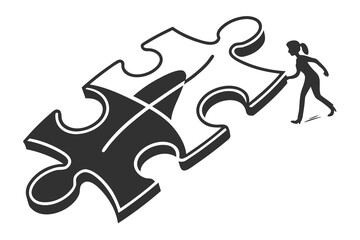 Woman connecting puzzle pieces for business solution.
