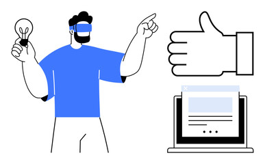Man wearing VR headset holding a light bulb while pointing, beside a laptop with a webpage and thumbs-up icon. Ideal for technology, innovation, creativity, virtual reality, ideas, digital solutions