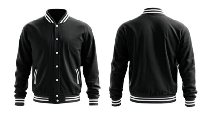 Front and back view of a black varsity jacket