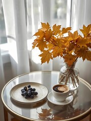 Cup of coffee with grapes and autumn leaves on a glass table