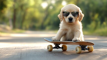 A cute puppy wearing sunglasses is sitting on a skateboard in a skate park.