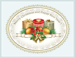 Merry Christmas 2026. Festive background with gift boxes and balls on fir branches in oval frame with snowflakes decorated with ribbon and bells. Vector illustration 