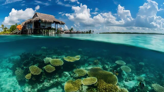 Wide-angle shot of the turquoise waters and coral reefs in Isla Holbox