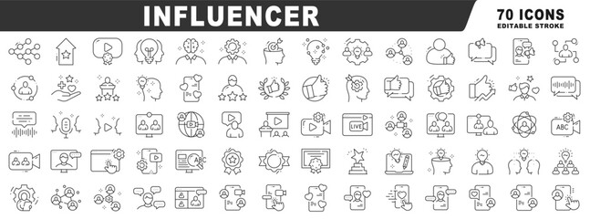 Influencer line icons for social media marketing: content creator tools, engagement, community, video, endorsement, rating, certificate, livestream, webinar, editable stroke