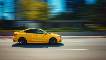 car driving in motion, yellow car on high speed