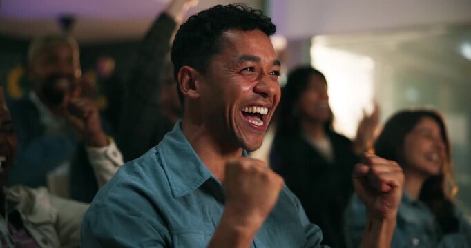 Friends, man and shouting with celebration at pub for match goal, cheering and entertainment. Sports fans, excited people and clapping in bar for soccer tournament, live broadcast and game champions