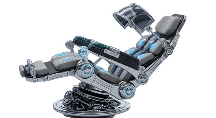 Futuristic high-tech reclining chair with glowing blue lights and intricate mechanical details, ideal for relaxation or gaming.