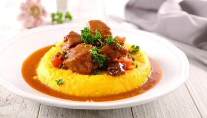 A dish of polenta topped with savory stewed meat, bathed in a rich sauce, and garnished with fresh herbs.