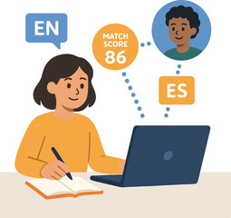 Student exchanging language practice AI matches them with a peer and shows match score illustration
