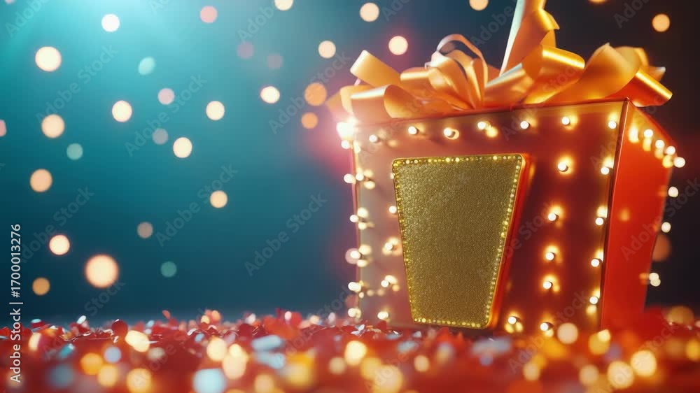 Poster a gold box with a red bow on top. the box is on a table with red confetti