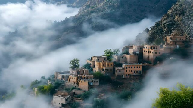 Remote village in Taif mountains surrounded by mist 