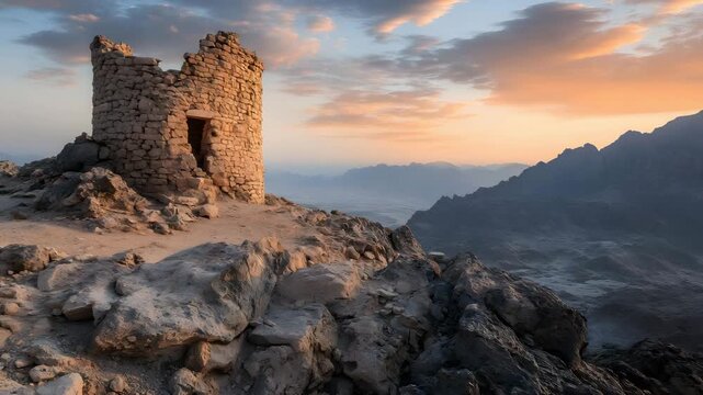 Ancient stone tower in Najran mountains, wide scene 