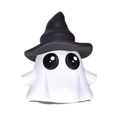 A stylized 3D Halloween ghost is white with large black eyes and wears a dark purple witch hat.