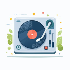 Obraz premium Turntable Illustration Playing Vinyl Record With Green Leaves And Colorful Dots