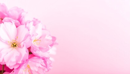 Fototapeta premium Delicate pink cherry blossoms on a pastel pink background