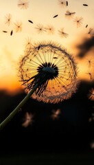 Glowing Dandelion Silhouette at Twilight Seeds Floating Away on a Wispy Sunset Day of Freedom
