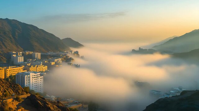 Foggy morning in Abha mountains, wide scenic view 
