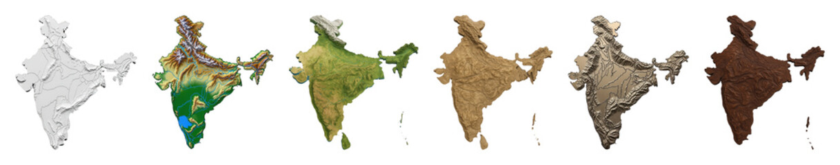 India relief map set including topographic, satellite, textured, metallic, and monochrome styles isolated. Geography and cartography collection.