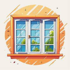 White Window Frame With Green Bushes Reflected in the Glass with Orange Circular Background