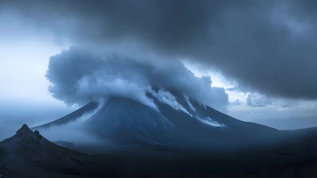 Panoramic shot of the Mount Semeru volcano with clouds drifting over the peak, East Java, Indonesia 