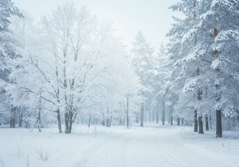Winter forest scene snow covered trees peaceful snowy landscape outdoors