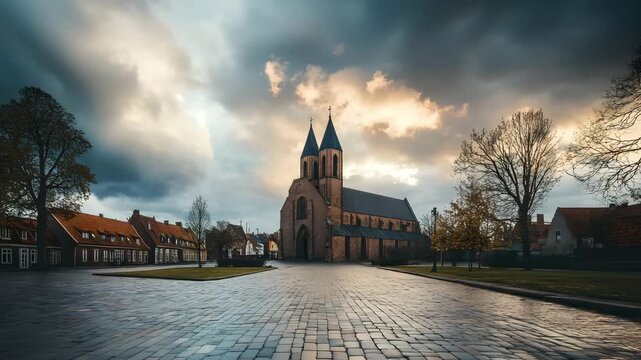 Wide-angle scene of the historic Ribe Cathedral under a dramatic cloudy sky, Denmark 