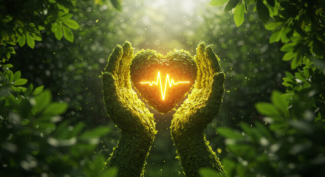 Green hands holding heart symbol with heartbeat among foliage  