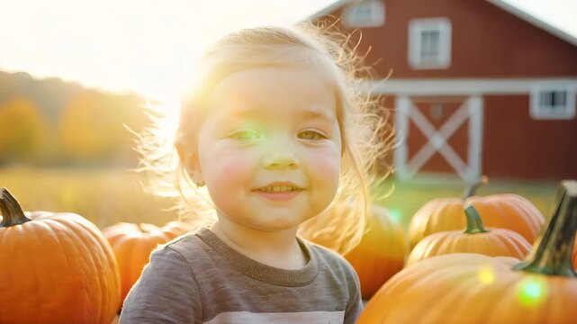 Smiling toddler girl in autumn pumpkin patch with red barn and golden sunset light, child portrait with natural expressions and seasonal fall harvest background animated in cinematic motion