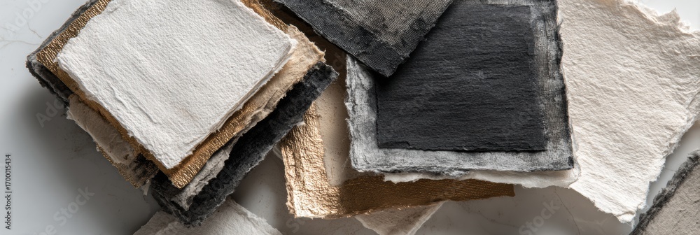 Poster textured handmade paper squares in various colors arranged on a neutral background for artistic craf