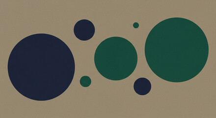 An abstract design featuring various sized dark blue and green circles scattered across a beige background.