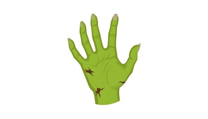 Obraz premium A brightly colored, stylized hand, rendered in a vibrant green, depicts wounds and a decaying appearance, set against a plain white backdrop.