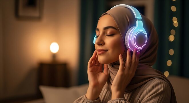 A serene young woman wearing a hijab and enjoying music using glowing modern headphones indoors with eyes closed.
