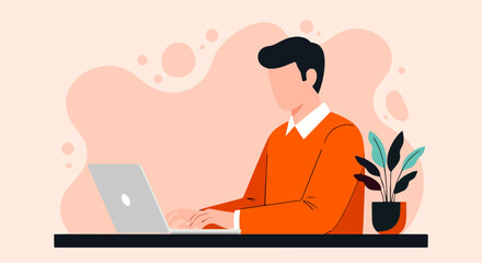 Illustration of a man working on a laptop at a desk with a potted plant, representing remote work or office environment