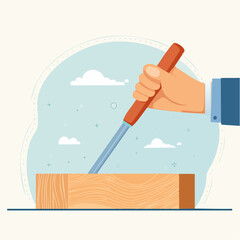 Hand Carving Wood Block With Chisel Tool