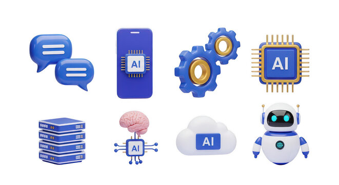 Artificial intelligence technology icons including robot, brain, and cloud isolated on transparent background