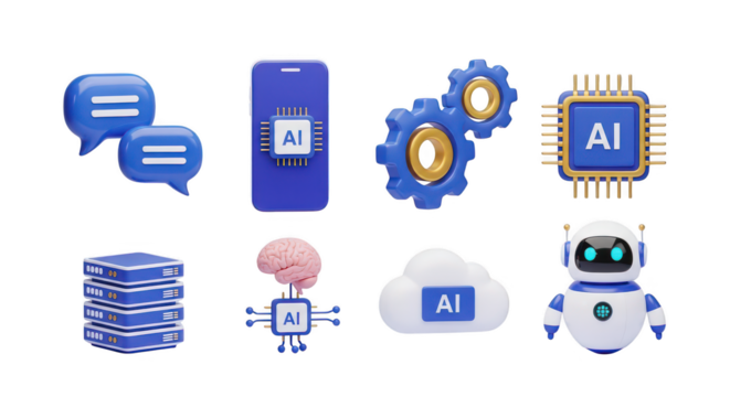 Artificial intelligence technology icons including robot, brain, and cloud isolated on transparent background
