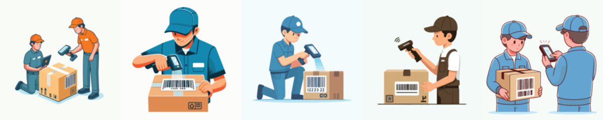 vector of a parcel courier scanning a barcode on a package