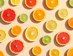 Obraz premium Top view of citrus fruits arranged in a pattern, overhead view