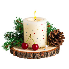  A Christmas candle in the exposition with a pine cone and juniper twigs on a cherry cut. PNG. Everything is decorated with sequins, beads. A bright beautiful photo for the background, for a ... (2)
