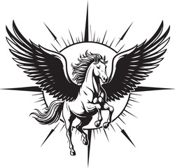 Illustration of a pegasus with wings spread, set against a starburst the artwork is a black and white drawing with intricate details and shading